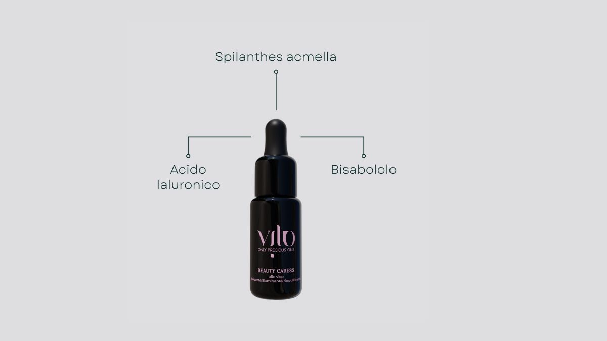 in questa foto vengono analizzate gli ingredienti principali di Beauty Caress, olio viso, di Vilo cosmetics